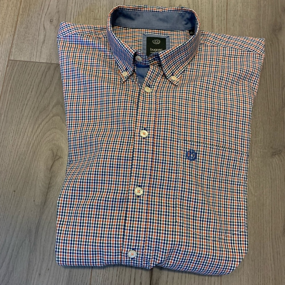 Men’s Bugatti plaid blue and orange dress shirt
